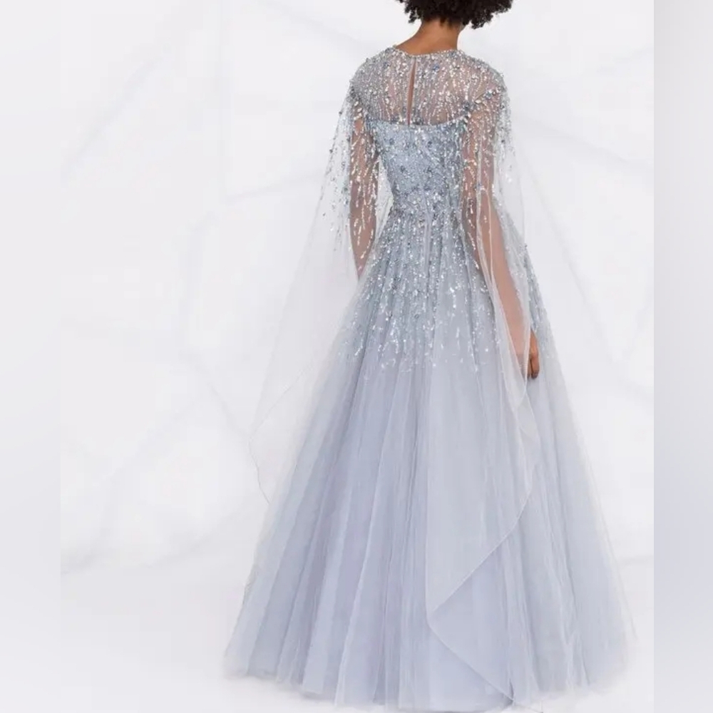 Jenny Packham Pandora Embellished Cape Dress, Gown, Blue Size 6  NWT, MSRP $5200 - Picture 9 of 16